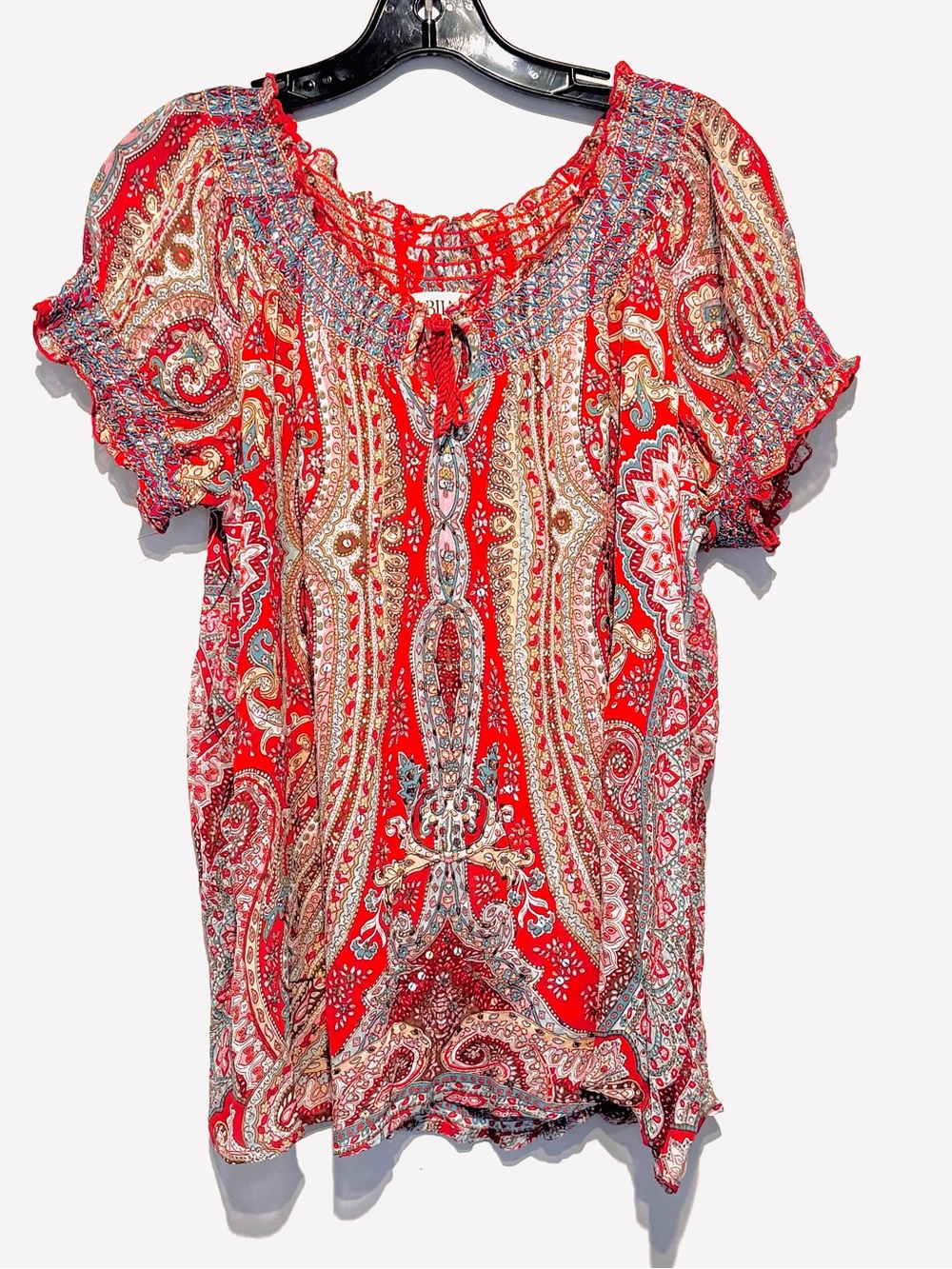 BILA Red Boho Paisley  Print Peasant Scoop Top Tassel Shirt Size XL Sequins